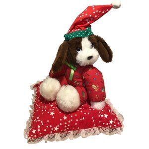 Vintage Christmas Plush Puppy With Santa Hat & Pillow Accessory